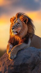 Majestic lion sitting on rock at sunset, wildlife photography concept
