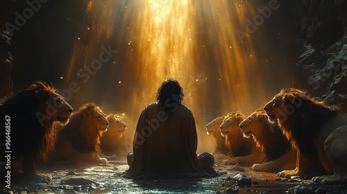 illuminated daniel kneeling in prayer fierce lions surrounding him in shadowy den divine light streaming from above ancient stone walls faithfilled atmosphere photo