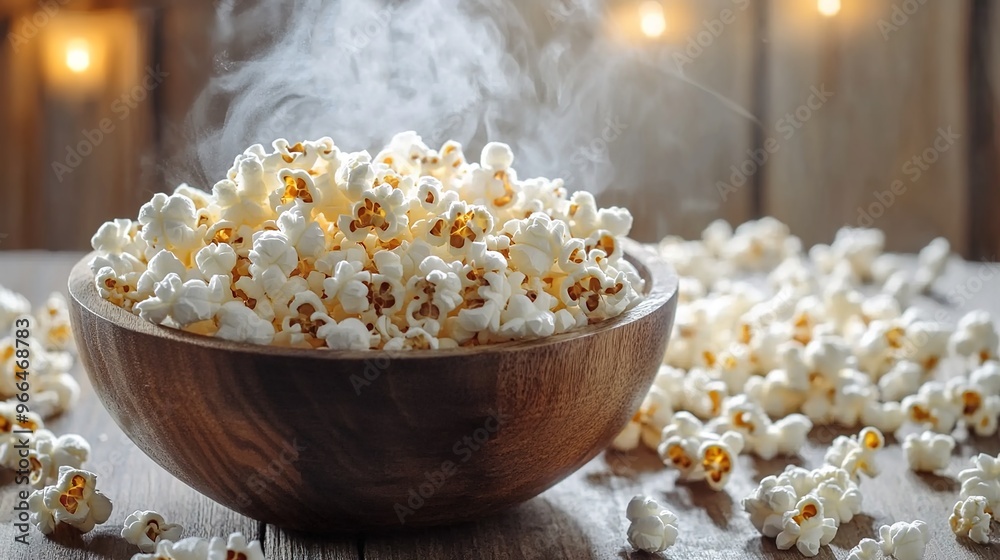 A rustic wooden bowl of popcorn sits on a table, with scattered popcorn around it.
A rustic wooden bowl of popcorn sits on a table, with scattered popcorn around it.