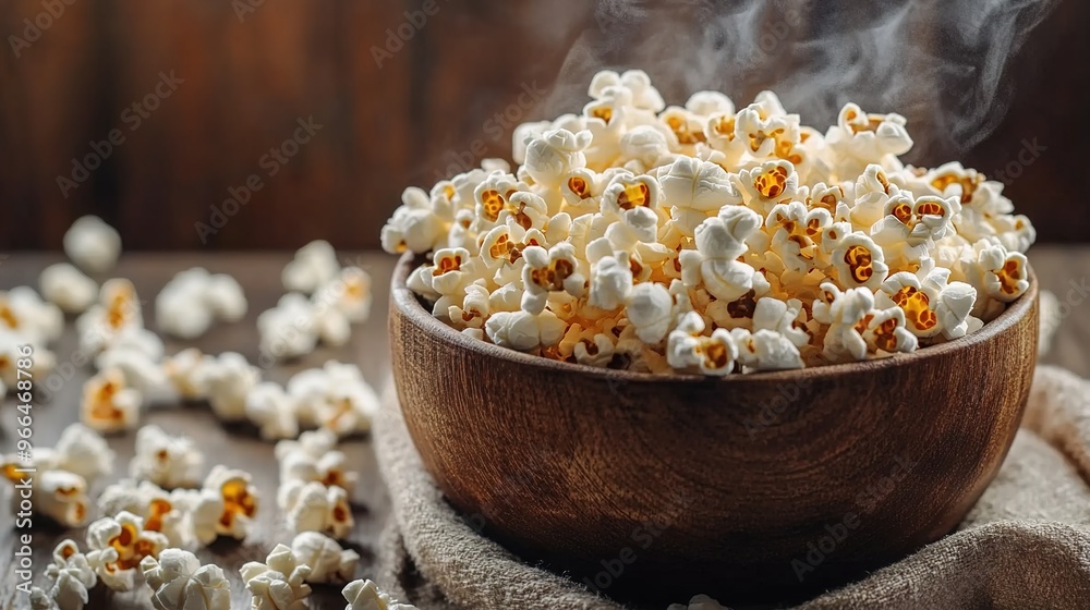 A rustic wooden bowl of popcorn sits on a table, with scattered popcorn around it. 
