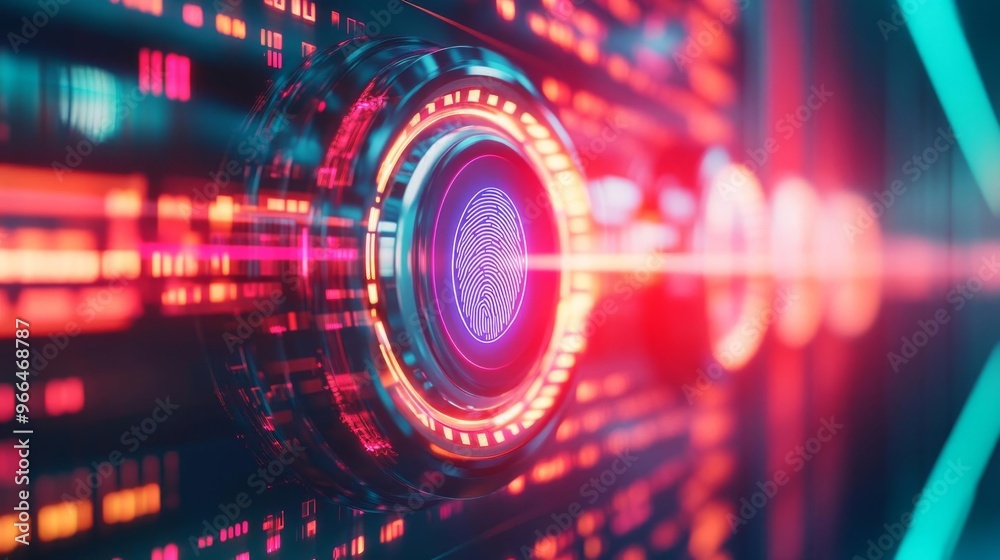 Secure digital vault, holographic fingerprint scanner, abstract tech design Secure digital vault, holographic fingerprint scanner, abstract tech design