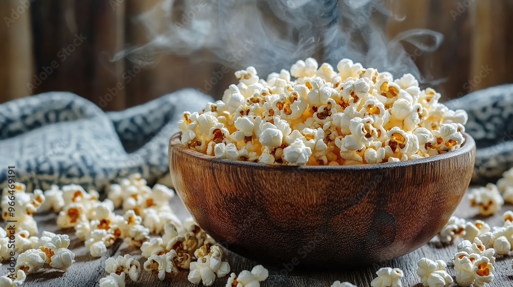 A rustic wooden bowl of popcorn sits on a table, with scattered popcorn around it.
A rustic wooden bowl of popcorn sits on a table, with scattered popcorn around it.