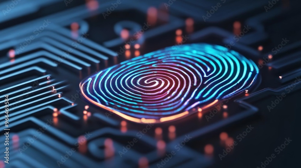 Stylized fingerprint integrating AI neural networks, AI security, biometric innovation Stylized fingerprint integrating AI neural networks, AI security, biometric innovation