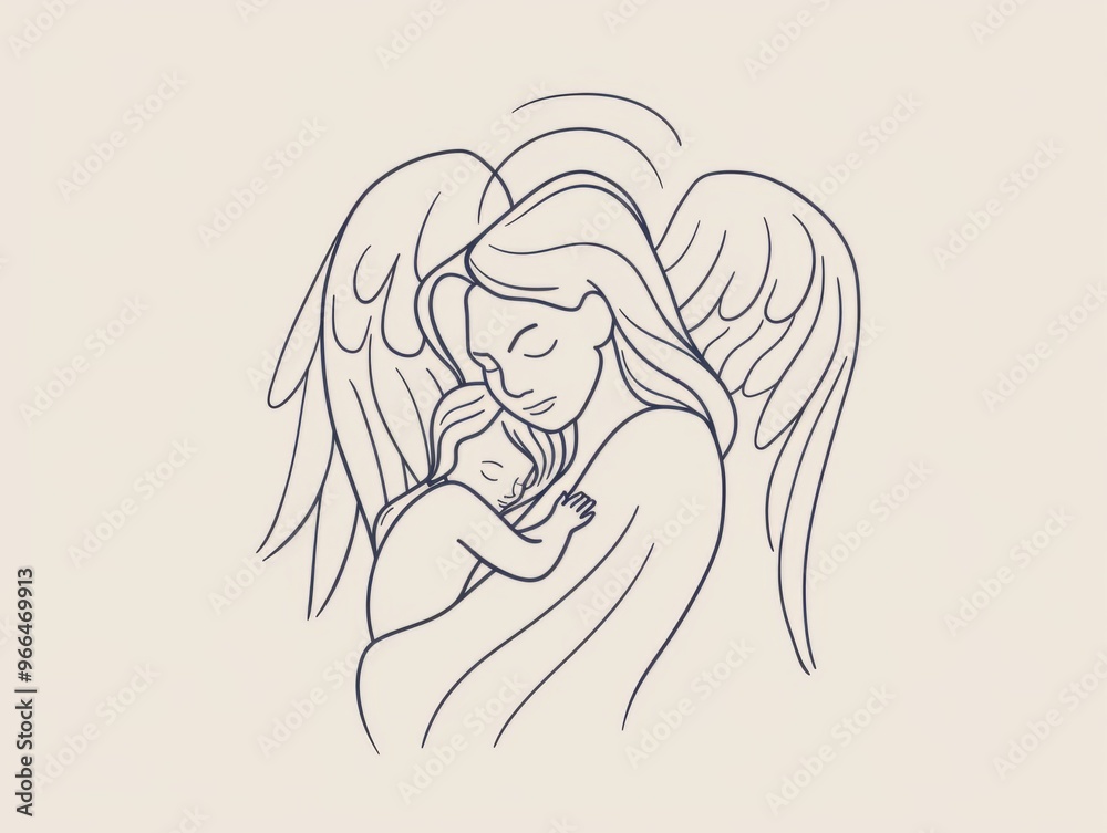 A minimalist line art illustration featuring a mother and her angelic child. A minimalist line art illustration featuring a mother and her angelic child.