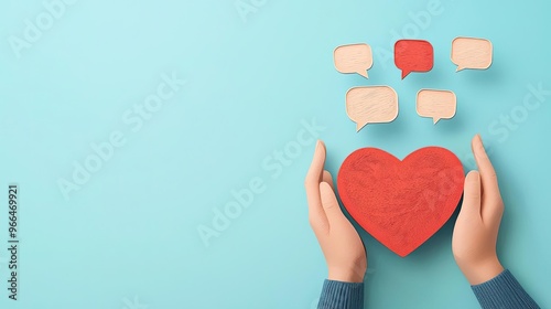 A papercut artwork of two hands holding a heart, with speech bubbles floating above, symbolizing supportive and loving communication