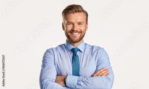 A man in a blue shirt and tie smiles confidently in front of a white background