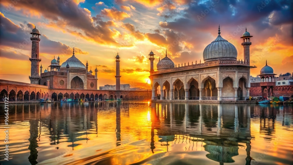 Fototapeta premium Sun-kissed Jama Masjid's majestic dome and arches stand tall amidst vibrant Indian market activity, reflected in the tranquil Numa lake waters at sunset.