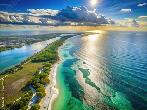 Sun-kissed outline of Florida's distinctive state shape, featuring a peninsula with a curved coastline, surrounded by calm turquoise waters and serene white sandy beaches.