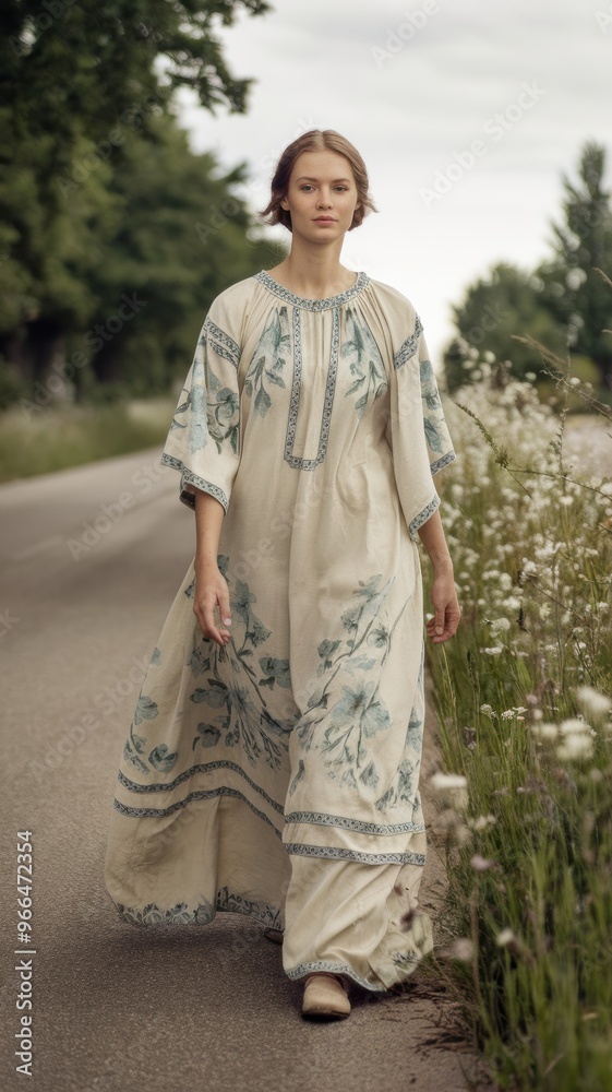 Elegantly Embroidered Dress on a Country Path Elegantly Embroidered Dress on a Country Path