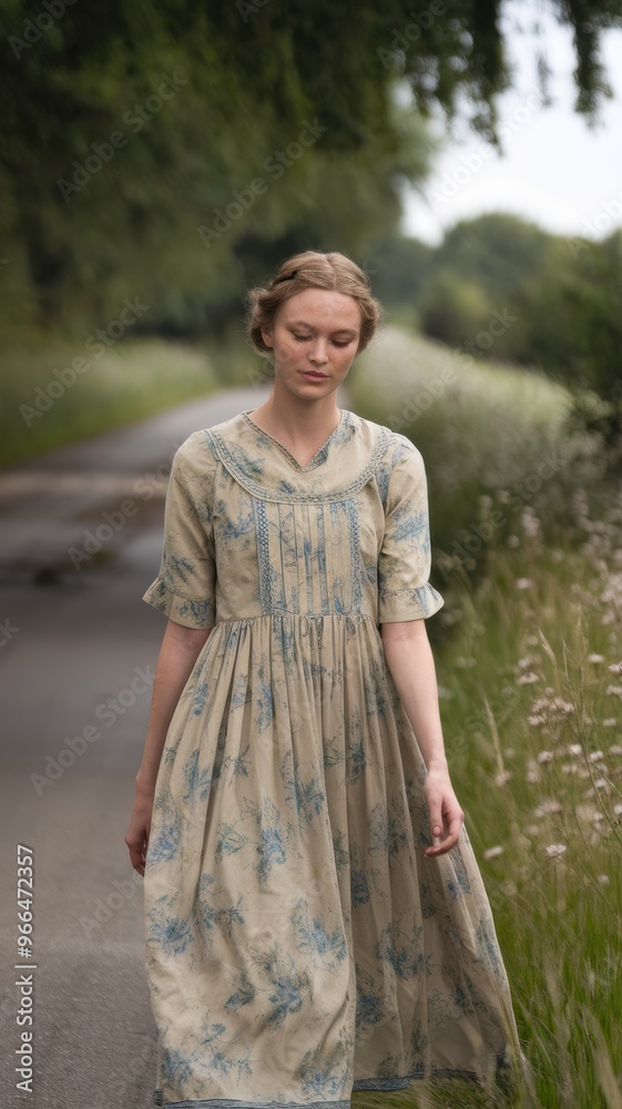 Elegant Floral Dress in Soft Earth Tones Outdoors Elegant Floral Dress in Soft Earth Tones Outdoors