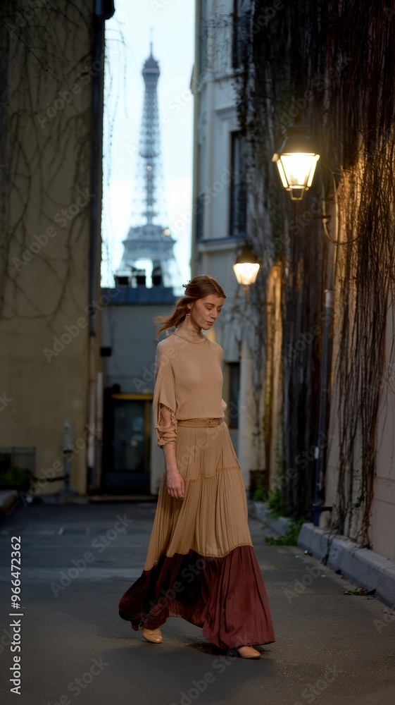 Naklejka premium Elegant Fashion Walk in Soft Tones Near Eiffel Tower