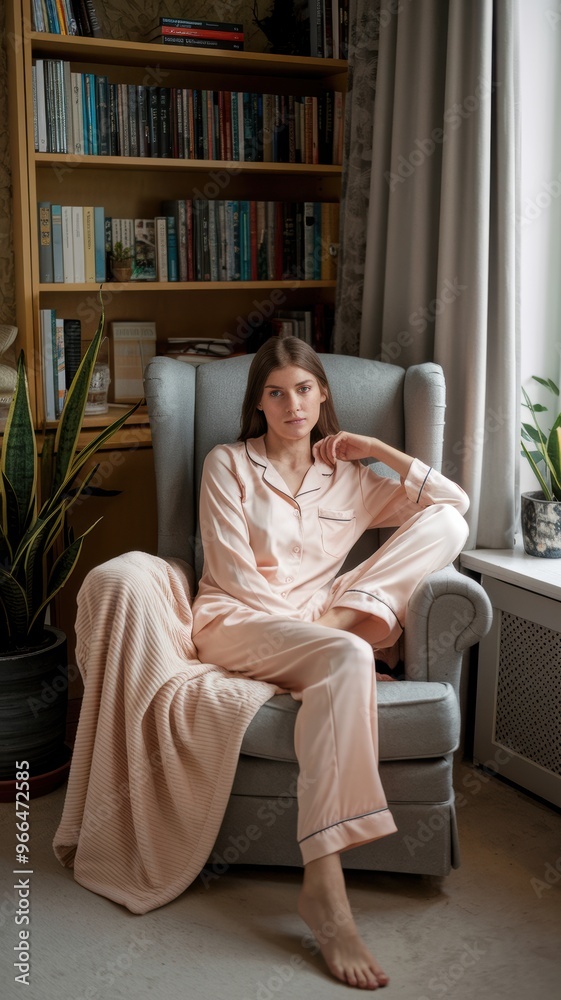 Cozy Elegance: Woman in Soft Pink Pajamas