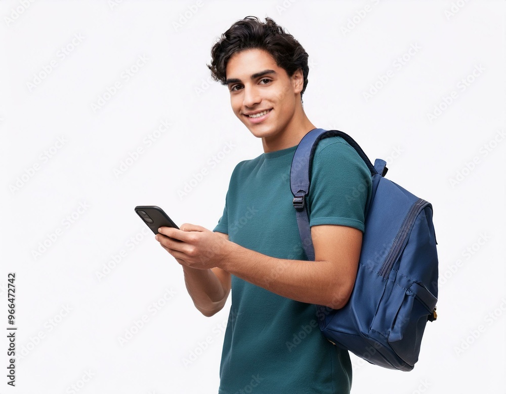 A cheerful young adult with a backpack, holding a phone against a transparent background. A cheerful young adult with a backpack, holding a phone against a transparent background.