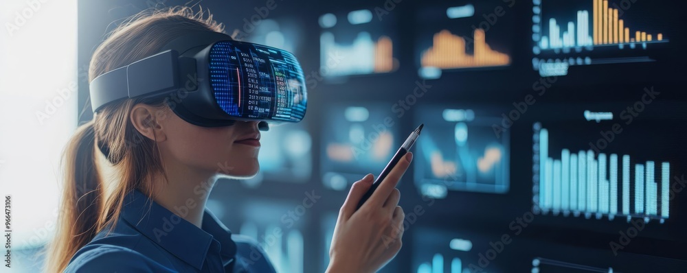 Data scientist using a digital pen on a virtual reality interface with ...