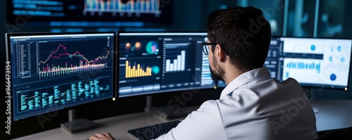 Data scientist with multiple monitors, each displaying different types of real-time data, multitasking in data, data expertise