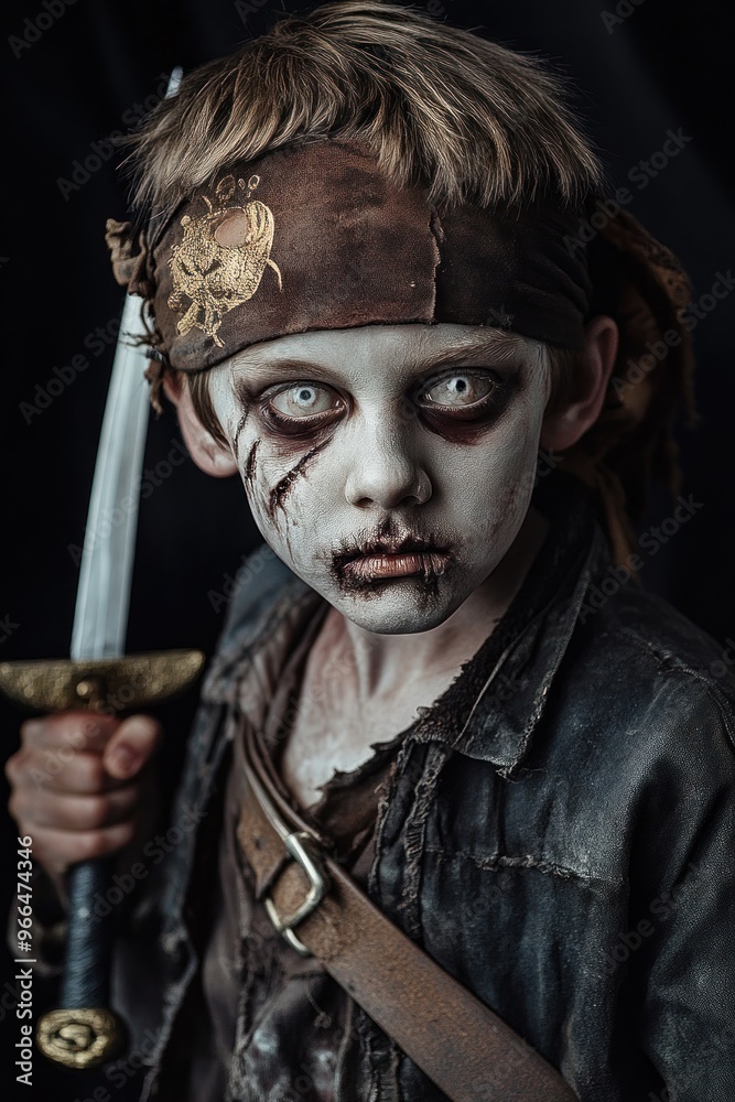 A young boy dressed as a pirate, with a sword and a dramatic, eerie makeup effect. A young boy dressed as a pirate, with a sword and a dramatic, eerie makeup effect.