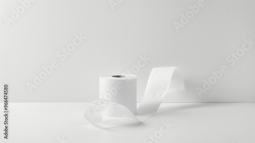 Roll of white toilet paper on a clear white bacgground photo