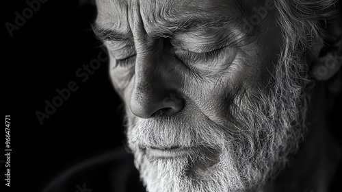 intense monochrome portrait of man eyes closed deep wrinkles high contrast lighting raw emotion