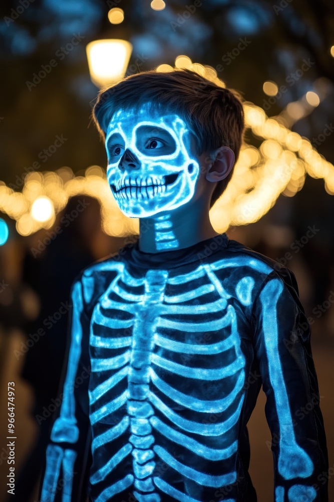 A child dressed in a glowing skeleton costume, illuminated by festive lights. A child dressed in a glowing skeleton costume, illuminated by festive lights.