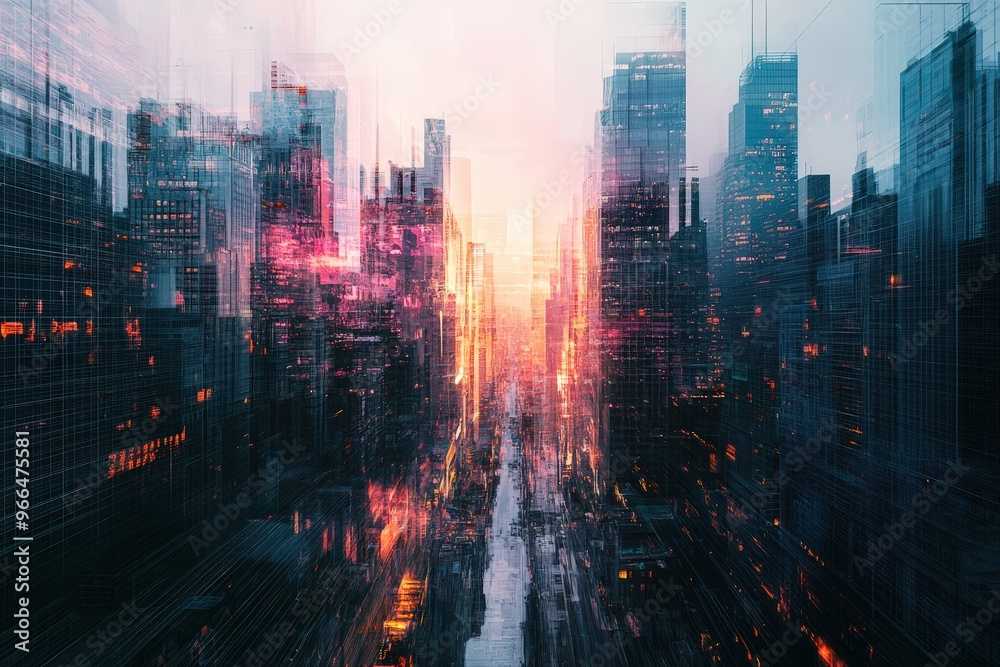 Obraz premium Futuristic urban cityscape at sunset with neon lights and abstract buildings.