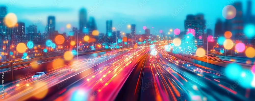 Fototapeta premium Holographic urban analysis, real-time traffic and pollution data, smart city concept