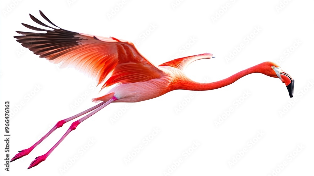 Fototapeta premium A flamingo is flying in the air with its head down