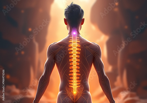 3d rendered illustration of a person, Digital illustration of the chakras and energy points on backbone