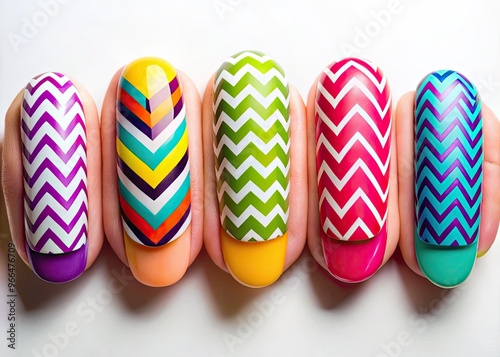 Vibrant, colorful, and intricately designed fingernail shapes in various geometric patterns, including chevrons, triangles, and ovals, adorn fingers against a crisp, white background. photo