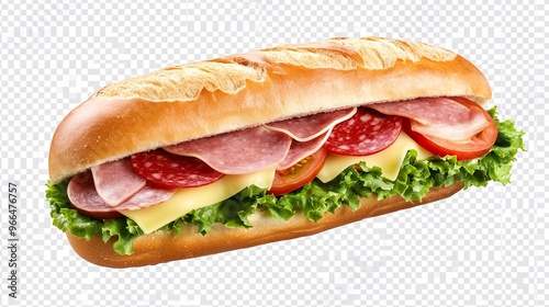 A long sub sandwich with ham, cheese, and lettuce photo