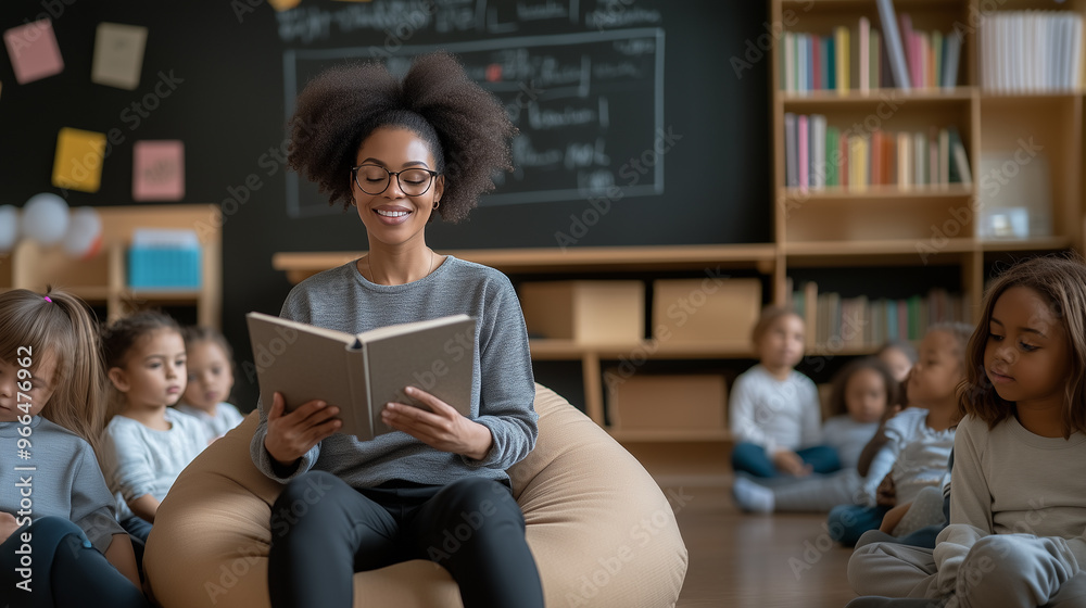 Black female teacher reading a book to children in a classroom with a ...