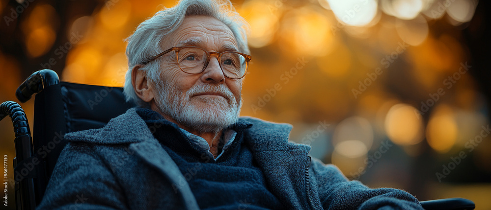 An elderly man in a wheelchair looks up thoughtfully at the setting sun in a park. The image is perfect for articles about aging, retirement, and life's journey.