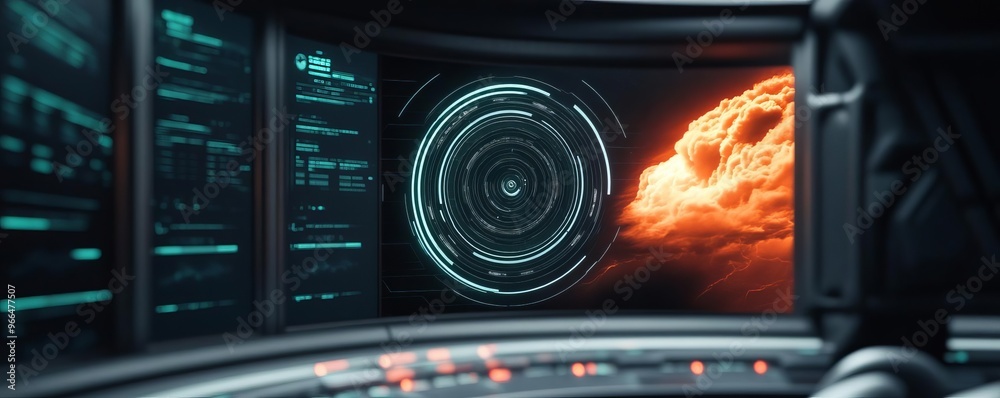 Fototapeta premium Real-time weather analytics, holographic radar data, futuristic control center, digital storm paths