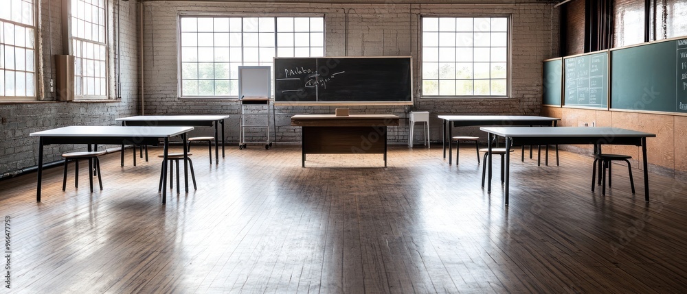 Empty Classroom with Blackboards and Tables Empty Classroom with Blackboards and Tables