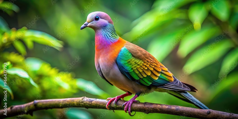 Fototapeta premium Vibrant colorful plumage of a solitary doo bird perched on a twisted branch, gazing straight ahead with striking black eyes in a lush green forest.