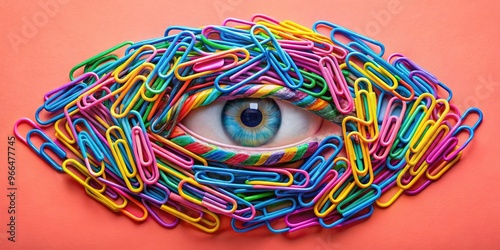 Vibrant colorful paper clip creatively transforms into a stylized human eye, blending office supplies with artistic imagination in a whimsical and playful visual representation.