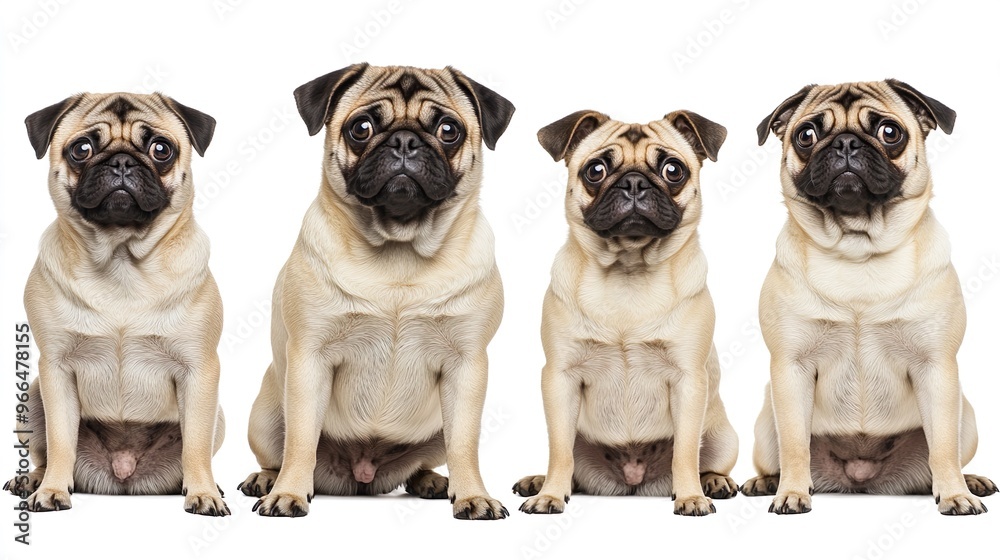 Fototapeta premium Four pugs are sitting in a row, looking at the camera