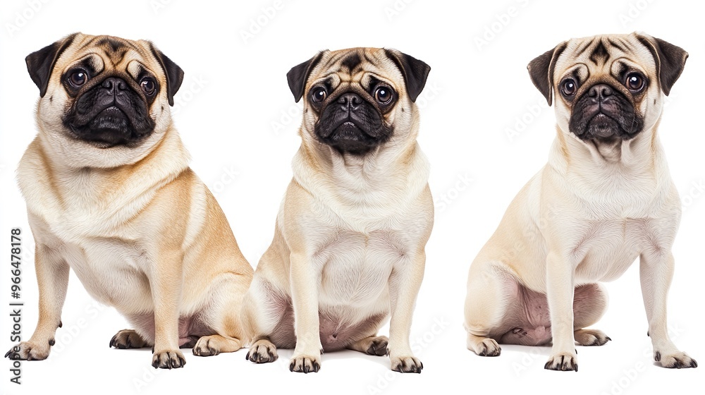 Fototapeta premium Three pugs are sitting in a row on a white background