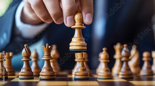 A man is playing chess with a wooden chess piece