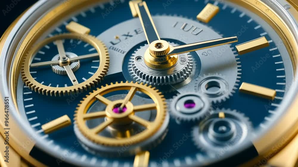 Extreme close-up of luxury watch mechanism with blue dial and golden gears. Intricate timepiece internals showcasing precision engineering and craftsmanship for high-end horology enthusiasts