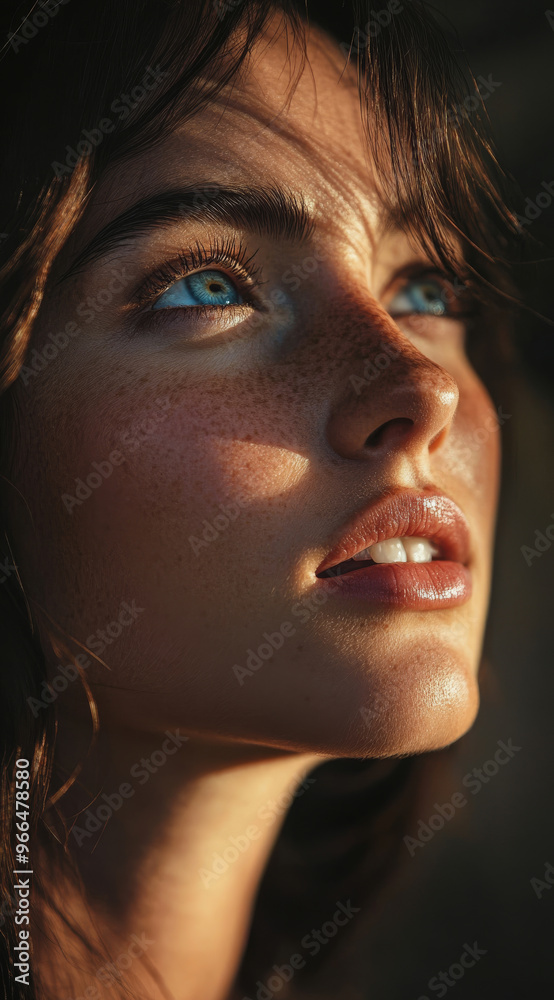Portrait of a beautiful woman, shot from a low angle, looking up