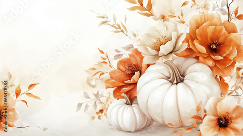 Watercolor autumn background with arrangement of pumpkins, fall flowers and leaves