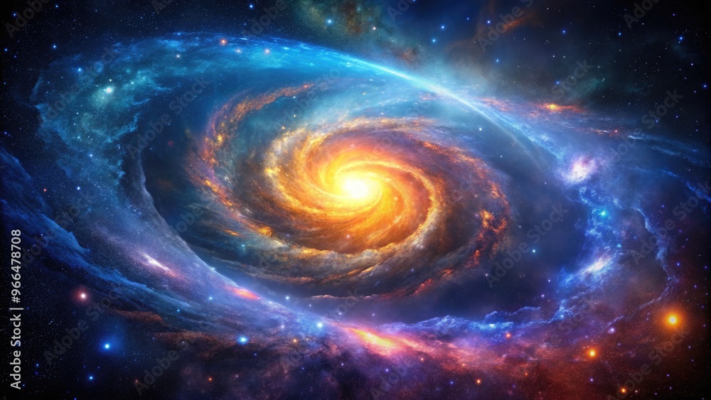 Vibrant cosmic illustration of a swirling galaxy with radiant stars, glowing nebulae, and ethereal clouds of gas and dust set against a deep indigo background. Vibrant cosmic illustration of a swirling galaxy with radiant stars, glowing nebulae, and ethereal clouds of gas and dust set against a deep indigo background.