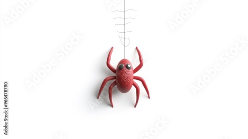 A cartoonish red spider hanging on a thin thread, emphasizing a playful design. photo