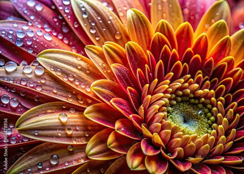 Vibrant, dew-kissed petals on a delicate flower head shimmer in morning light, showcasing intricate textures and details in an extreme close-up macro photography capture. photo