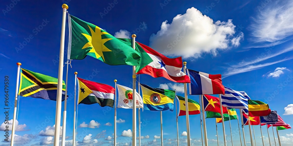Vibrant Flags Of Caribbean Nations Flutter Proudly, Symbolizing Cultural Diversity And Regional Unity Against A Clear Blue Sky.