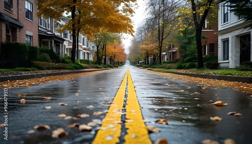 Charming wet street lined with houses, vibrant yellow centerline, and autumn leaves gracefully falling photo