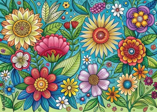 Vibrant flowers bloom on a whimsical coloring page, surrounded by intricate illustrations and decorative borders, awaiting creative touch to bring the garden to life.