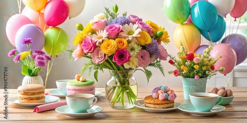 Vibrant flowers, pastel balloons, and delicate macarons adorn a beautifully set table, capturing the essence of a joyful and intimate Mother's Day celebration.