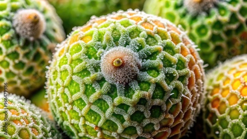 Vibrant green botrytis mold grows in intricate patterns on a ripened fruit, showcasing its velvety texture and delicate, thread-like tendrils in stunning macro detail.