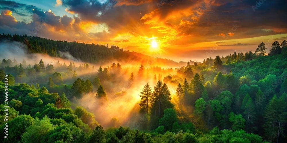 Vibrant green foliage surrounds a burst of fiery orange flare, illuminating a misty forest landscape at dusk, with warm light casting an ethereal glow. Vibrant green foliage surrounds a burst of fiery orange flare, illuminating a misty forest landscape at dusk, with warm light casting an ethereal glow.